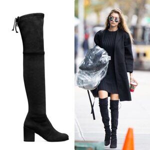 Stuart Weitzman Tieland Suede Black Over-the-Knee Sock Boots Block Heel Size 7